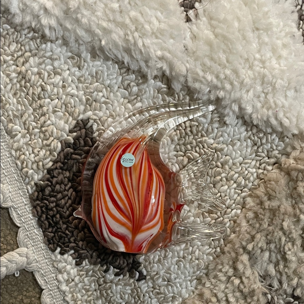 GLO jeans Clear Glass Fish Sculpture with Orange and White Stripes